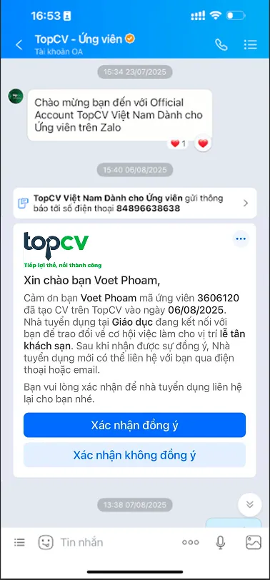 Luồng ƯV-NTD Thông báo Zalo