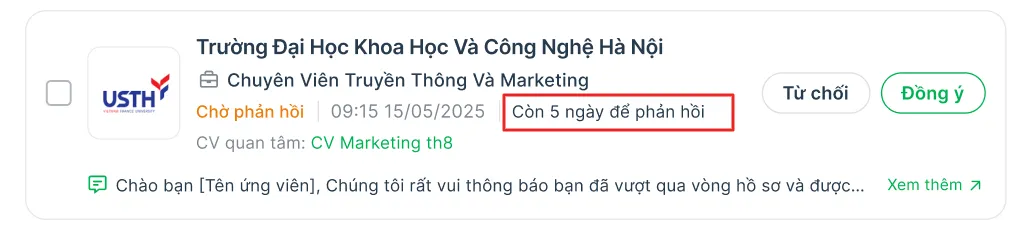 Luồng ƯV-NTD Thông tin thời hạn phản hồi