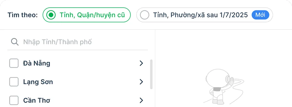 Tìm kiếm theo danh mục hành chính mới