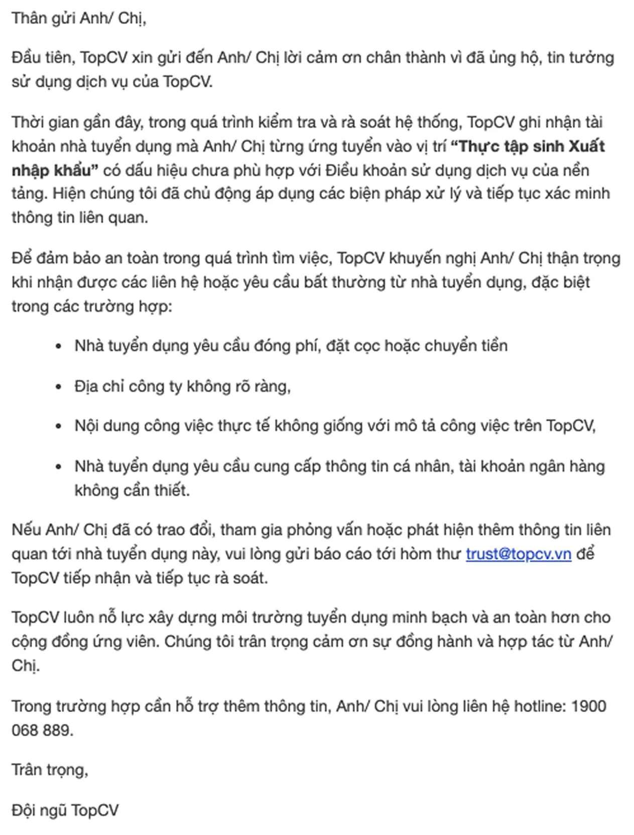 Mẫu email TopCV gửi để cảnh báo ứng viên về tài khoản nhà tuyển dụng bất thường